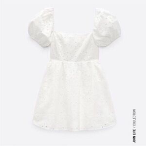 ZARA Puffy Sleeve Open Work Embroidery White Mini Babydoll Dress